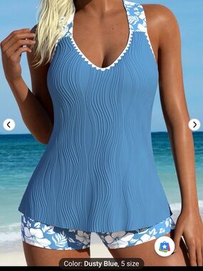 Still in package, New Dusty Blue Halter Swimsuit Tankini with Floral Trim Bottom
